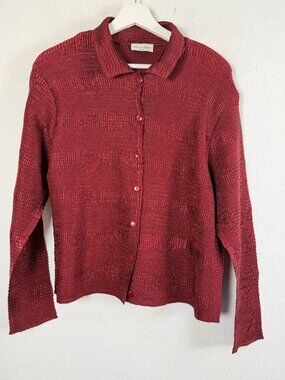 Pile Ou Face Paris Burgundy Crinkle Pleated Jacket Button Front Textured Vintage